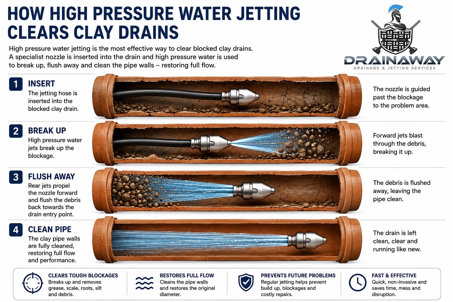 Four-stage cutaway of a clay drain: the jetting hose is inserted, forward jets break up the blockage, rear jets flush debris back to the entry point, and the pipe is left clean and free flowing.