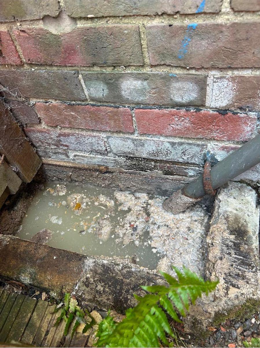 A brick chamber beside a downpipe, holding standing water with scum and debris across the surface.